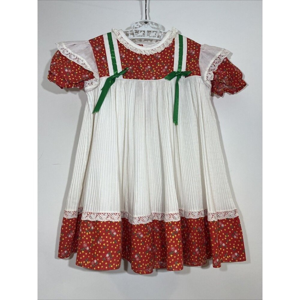 VTG Sears Girls 4T Pinafore Dress Accordion Pleat Floral Lace Bows USA